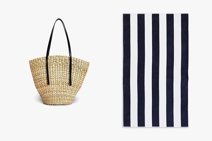 Capazo rafia (19,99 €) y toalla algodón líneas bicolor (29,99 €). 
