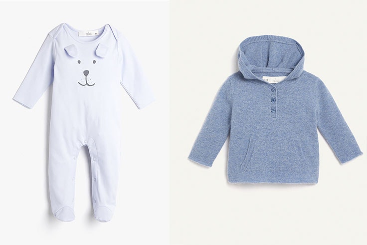 Pelele jersey bordado (12,99 €) y jersey cashmere con capucha (39,99 €). 
