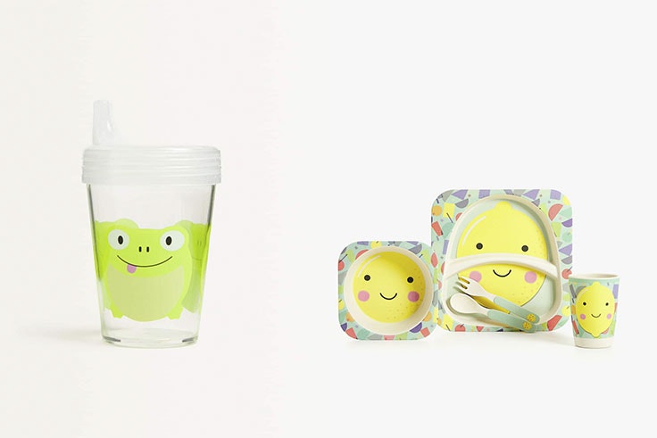 Vaso con tapa rana (3,99 €) y set vajilla bambú lemon (9,99 €).