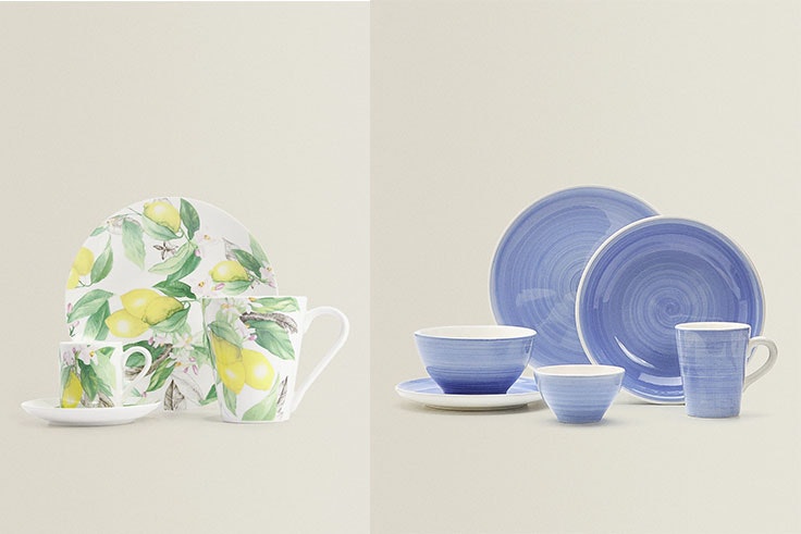 Set de desayuno lemon (3,99 € la pieza) y vajilla de loza espiral (1,99 € la pieza). 