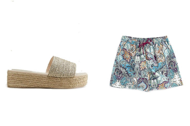 Cuña metalizada (35,99 €) y bañador estampado Pasley (29,99 €).