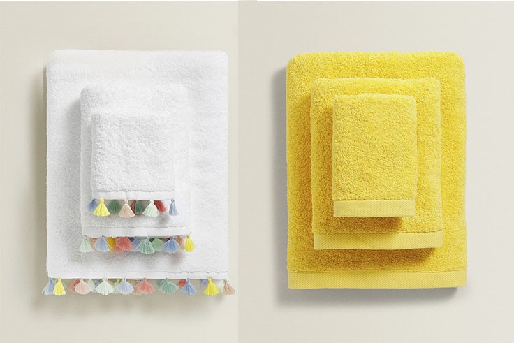 Toalla algodón pompones (3,99 € -19,99 €) y toalla algodón orgánico (2,99 € - 15,99 €).