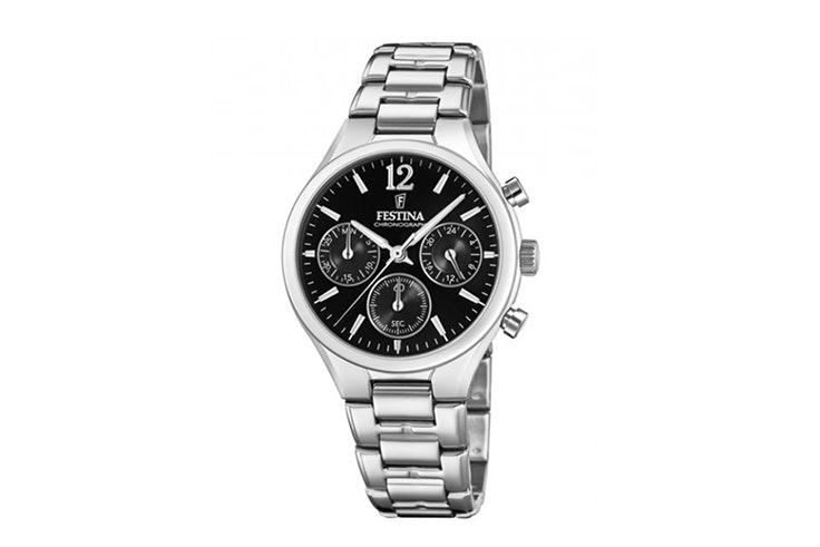 Reloj plata con esfera negra de Festina. Disponible en Time Road